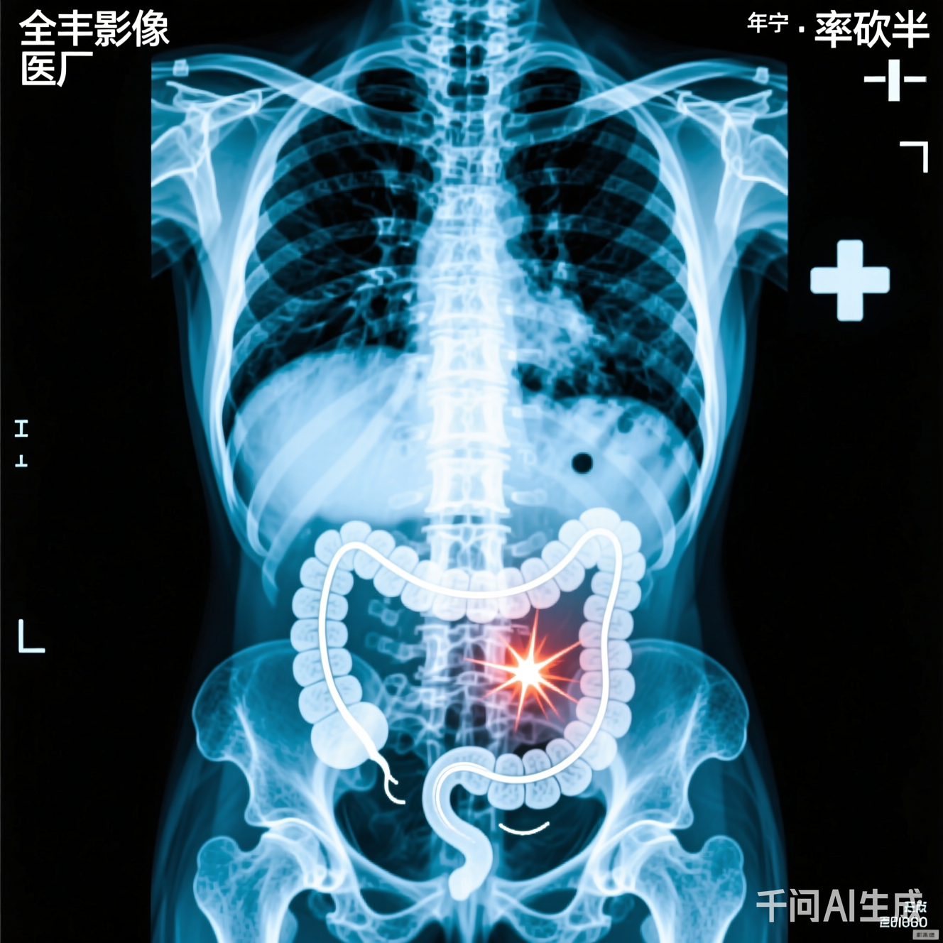 兽医临床影像诊断场景：犬类腹部X光片显示疑似肠梗阻