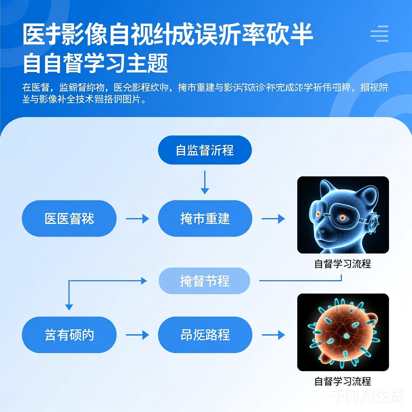 自监督学习流程图：掩码重建与影像补全技术路径