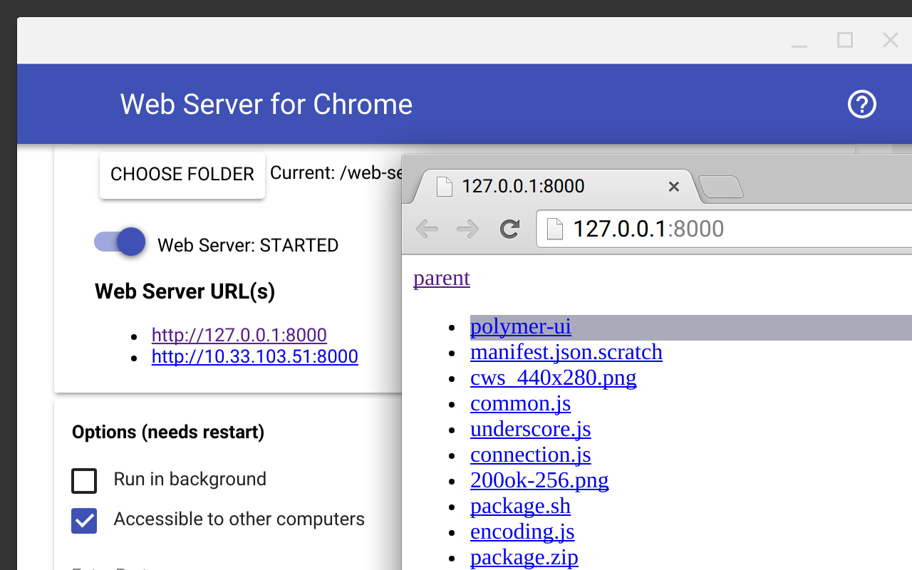 Web Server for Chrome启动界面