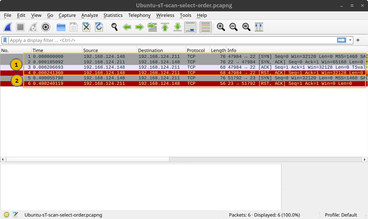Wireshark showing the packets generated by Nmap during a TCP connect scan.