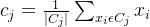 c_{j}=\\frac{1}{\\left |C _{j} \\right |}\\sum_{x_{i}\\epsilon C_{j}}^{}x_{i}