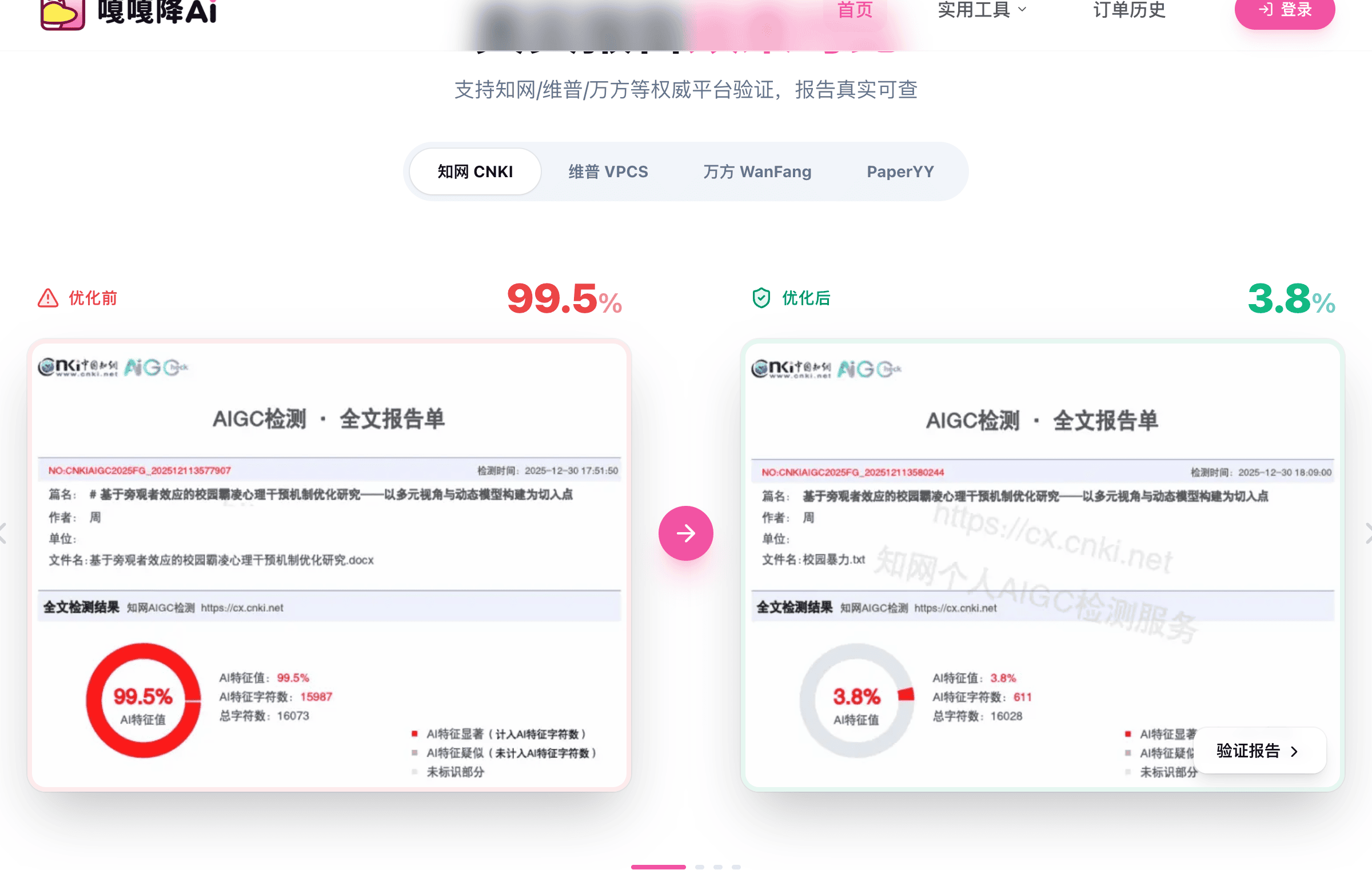 嘎嘎降AI 多平台报告对比（知网/维普/万方）