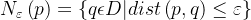 N_{\\varepsilon }\\left ( p \\right )=\\left \\{ q\\epsilon D | dist\\left ( p,q \\right )\\leq \\varepsilon \\right \\}