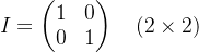 $\\begin{array}{c} I = \\begin{pmatrix} 1 & 0 \\\\ 0 & 1 \\end{pmatrix} \\quad (2\\times2) \\end{array}$