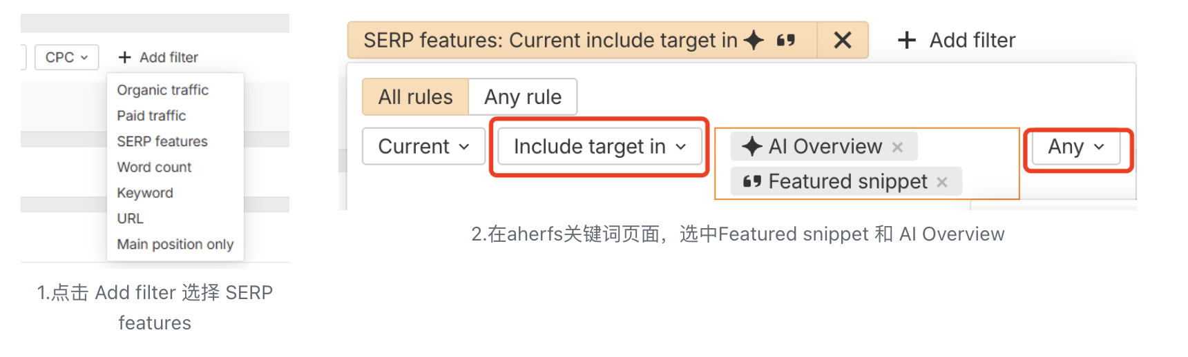 通过Ahrefs网站的“Organic keywords 关键词”，筛选功能实现ai visibility