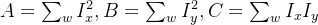 A = \\sum_{w} I_x^2, B = \\sum_{w} I_y^2, C = \\sum_{w} I_x I_y
