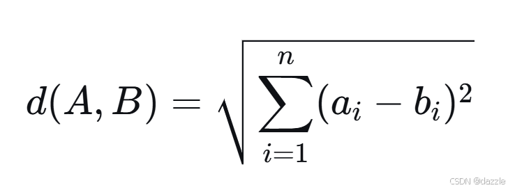 [
d(A,B) = \\sqrt{\\sum_{i=1}^{n}(a_i - b_i)^2}
]
