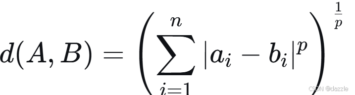 [
d(A,B) = \\left(\\sum_{i=1}^{n}|a_i - b_i|p\\right){\\frac{1}{p}}
]