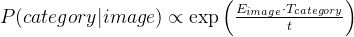 P(category|image) \\propto \\exp\\left(\\frac{E_{image} \\cdot T_{category}}{t}\\right)