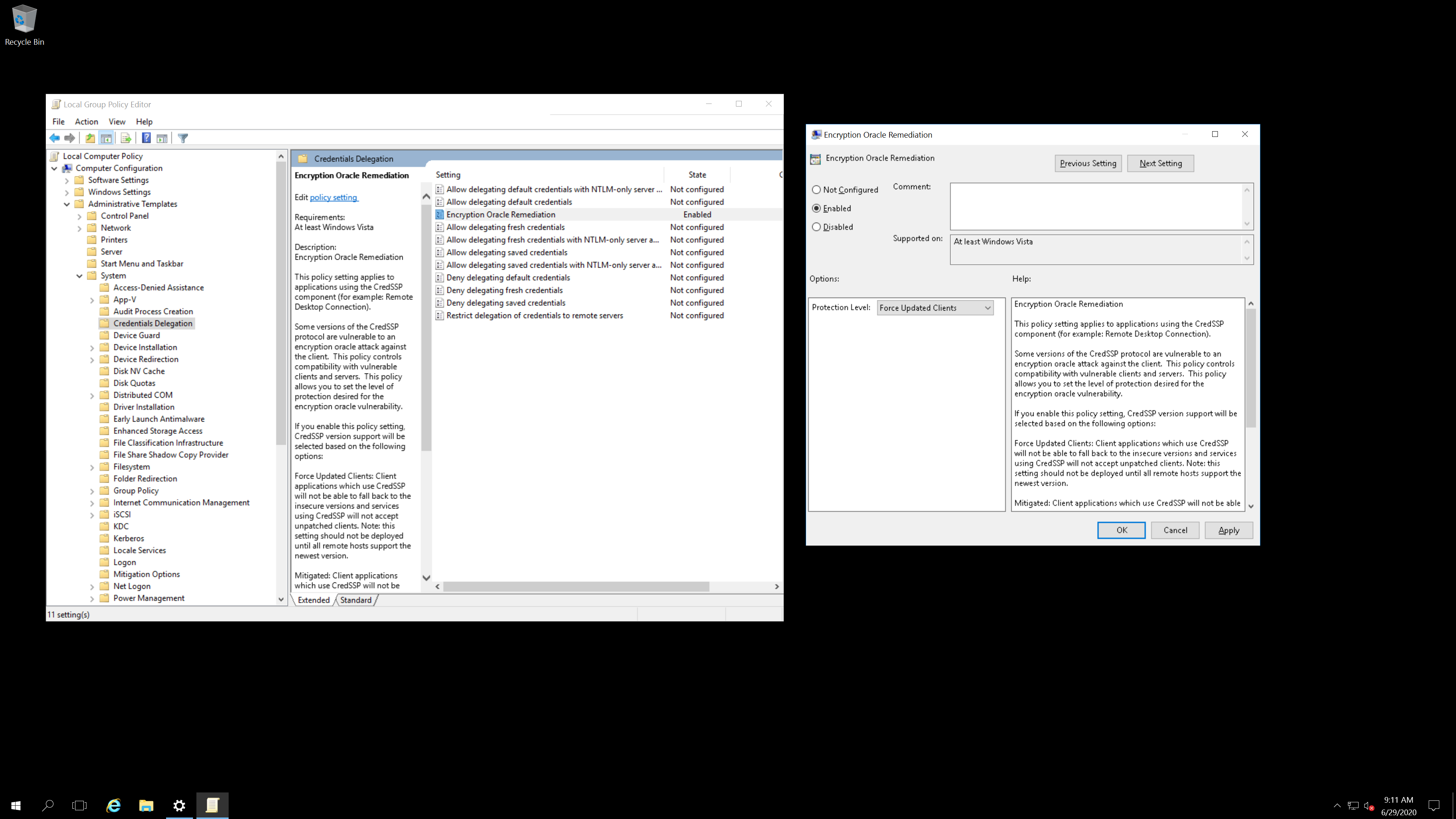 Windows CredSSP安全配置界面