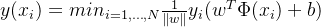 y(x_{i})=min_{i=1,...,N}\\frac{1}{\\left \\| w \\right \\|}y_{i}(w^{T}\\Phi (x_{i})+b)