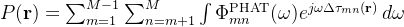 P(\\mathbf{r}) = \\sum_{m=1}^{M-1}\\sum_{n=m+1}^{M} \\int \\Phi_{mn}^{\\mathrm{PHAT}}(\\omega) e^{j\\omega\\Delta\\tau_{mn}(\\mathbf{r})} \\,d\\omega