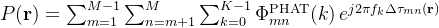 P(\\mathbf{r}) = \\sum_{m=1}^{M-1}\\sum_{n=m+1}^{M} \\sum_{k=0}^{K-1} \\Phi_{mn}^{\\mathrm{PHAT}}(k)\\, e^{j2\\pi f_k\\Delta\\tau_{mn}(\\mathbf{r})}