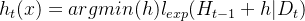 h_{t}(x) = argmin(h) l_{exp}(H_{t-1} + h | D_{t})