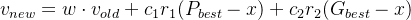 v_{new} = w \\cdot v_{old} + c_1 r_1 (P_{best} - x) + c_2 r_2 (G_{best} - x)