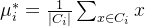 \\mu _{i}^{*} = \\frac{1}{\\left | C_{i} \\right |}\\sum_{x\\in C_{i}}^{}x