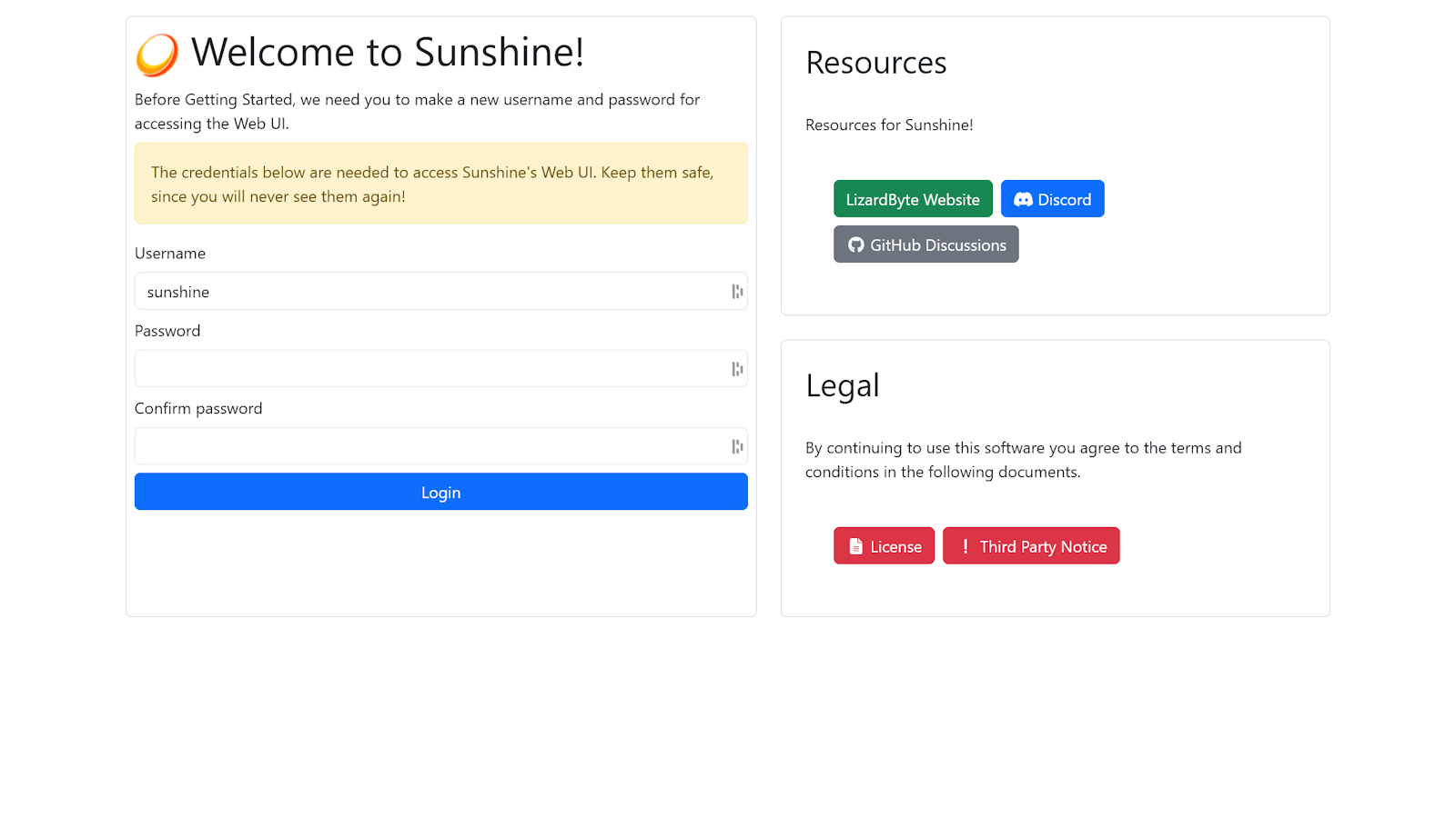 Sunshine初始设置界面