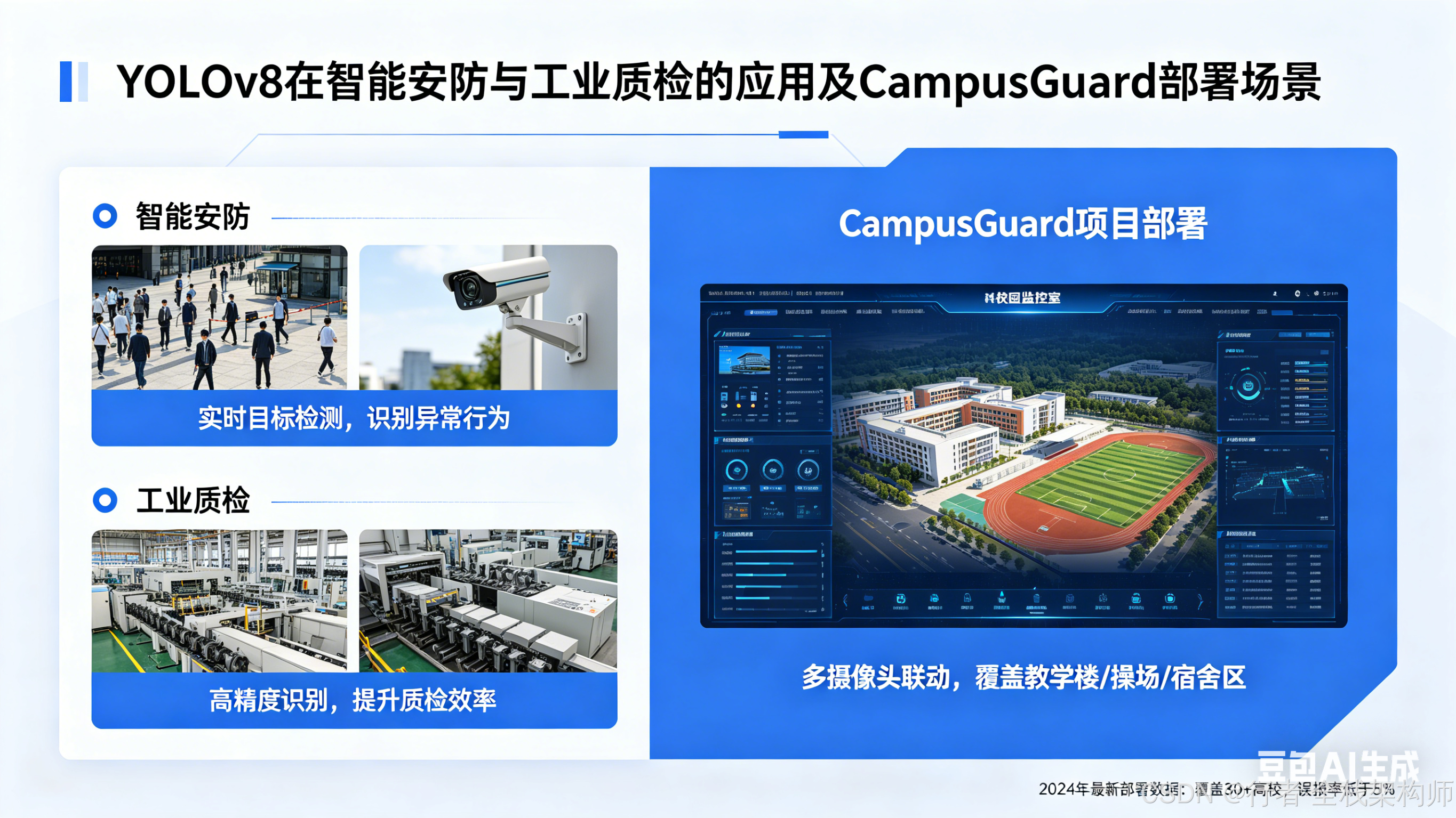YOLOv8 在智能安防、工业质检等领域的广泛应用，以及 CampusGuard 项目的实际部署场景