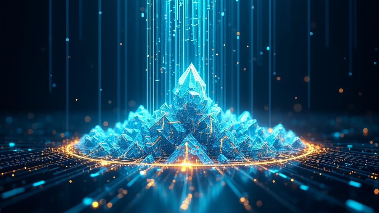 Abstract code flow imagery: glowing cyan and amber