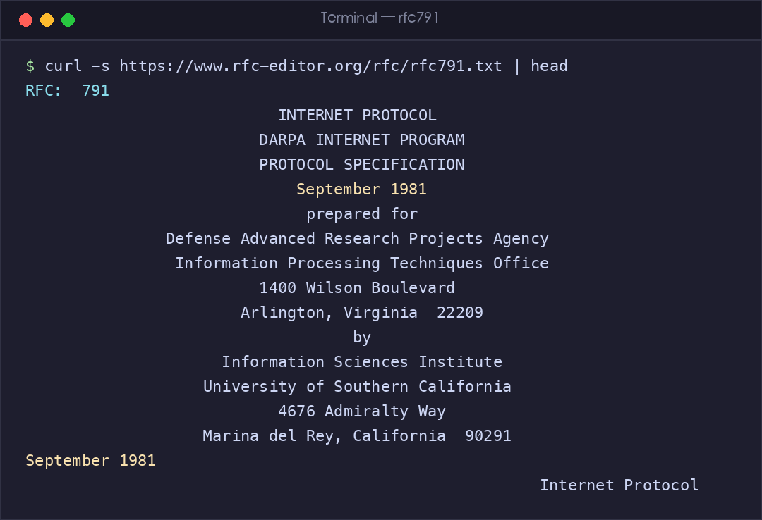 真实截图:RFC 791 文档首页,1981 年 9 月