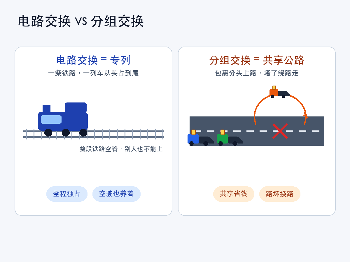 电路交换 vs 分组交换:专列 vs 共享公路