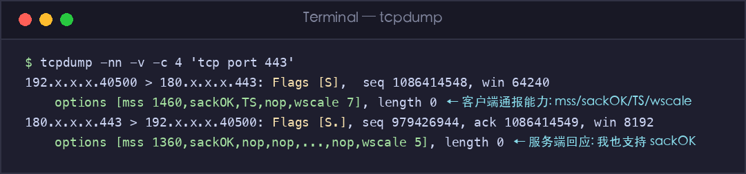 真实截图:TCP 握手时的选项协商
