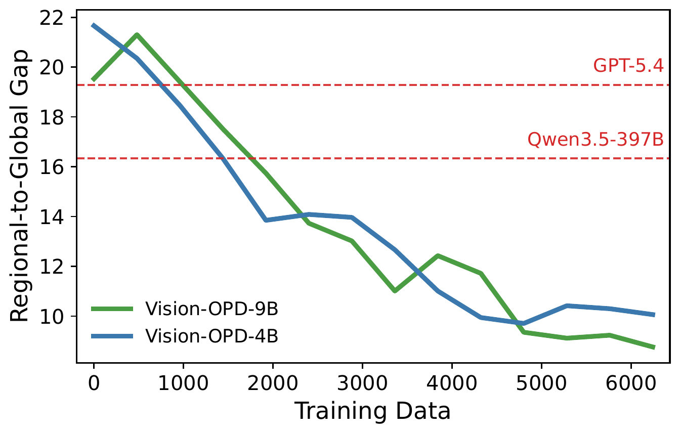 图5:Vision-OPD训练过程中区域—全局准确率差距