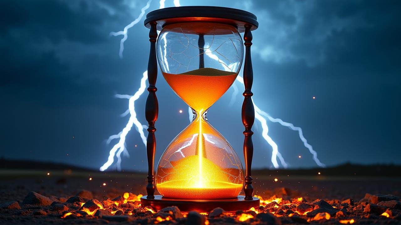 A massive hourglass suspended in a stormy sky, wit