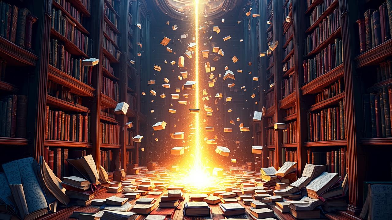A surreal library where books transform into flowi