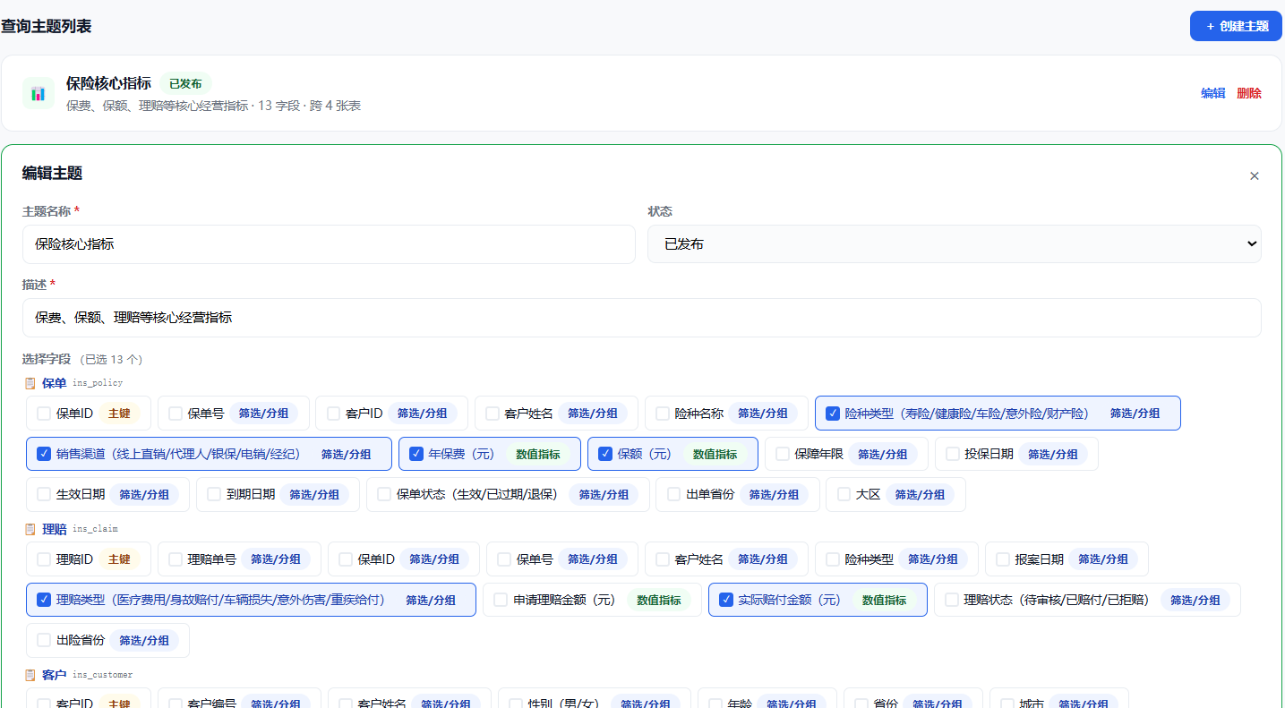 查询主题:跨表挑选字段组合成分析主题,让 AI 聚焦在对的数据范围内