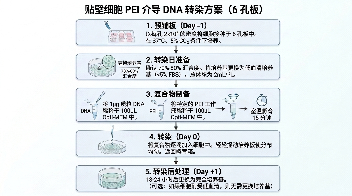 图1.贴壁细胞HEK293 PEI转染实验流程