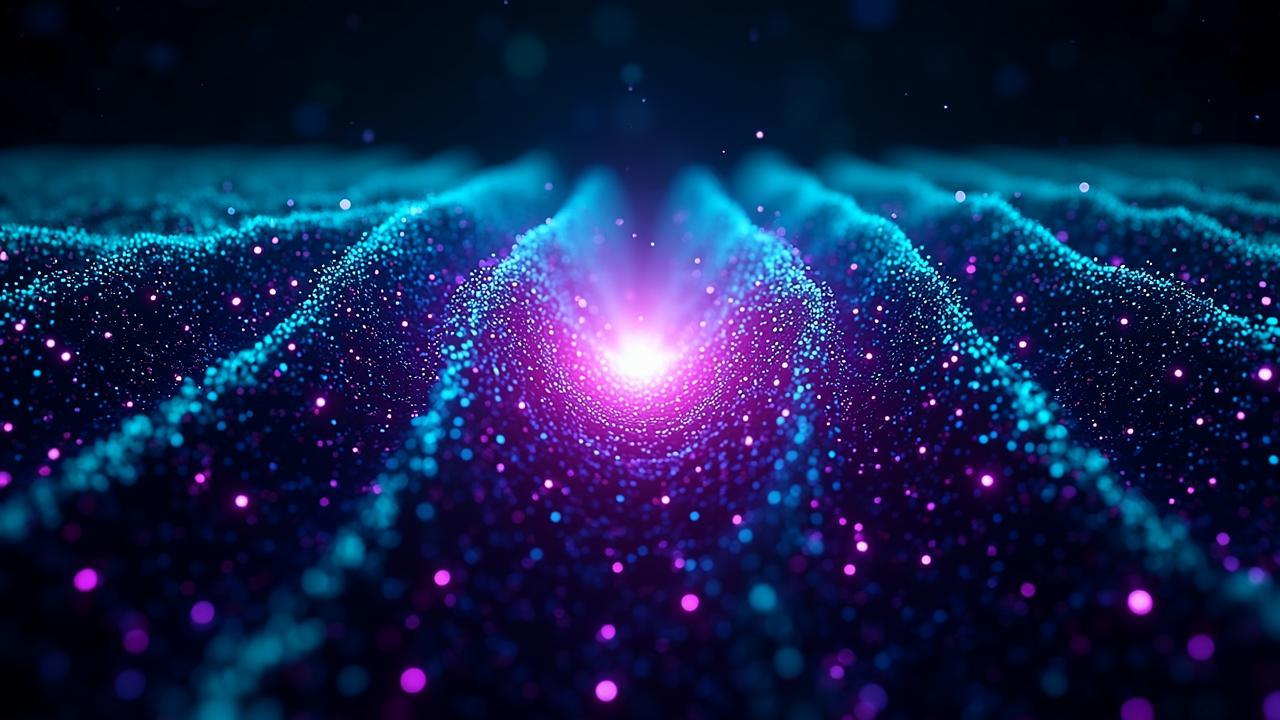 A vast, dark digital landscape made of tiny, glowi