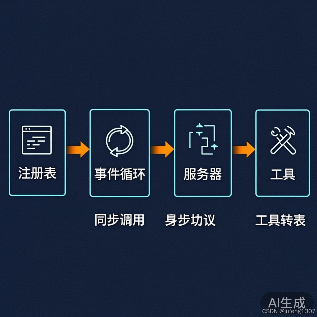 架构图:registry handler 通过 run_on_mcp_loop 桥接到后台事件循环,再连接 MCP server