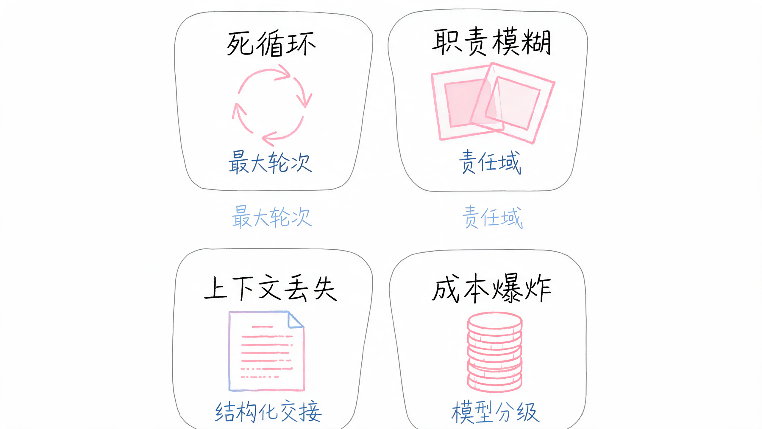 多 Agent 工程避坑速查:死循环 / 职责模糊 / 上下文丢失 / 成本爆炸
