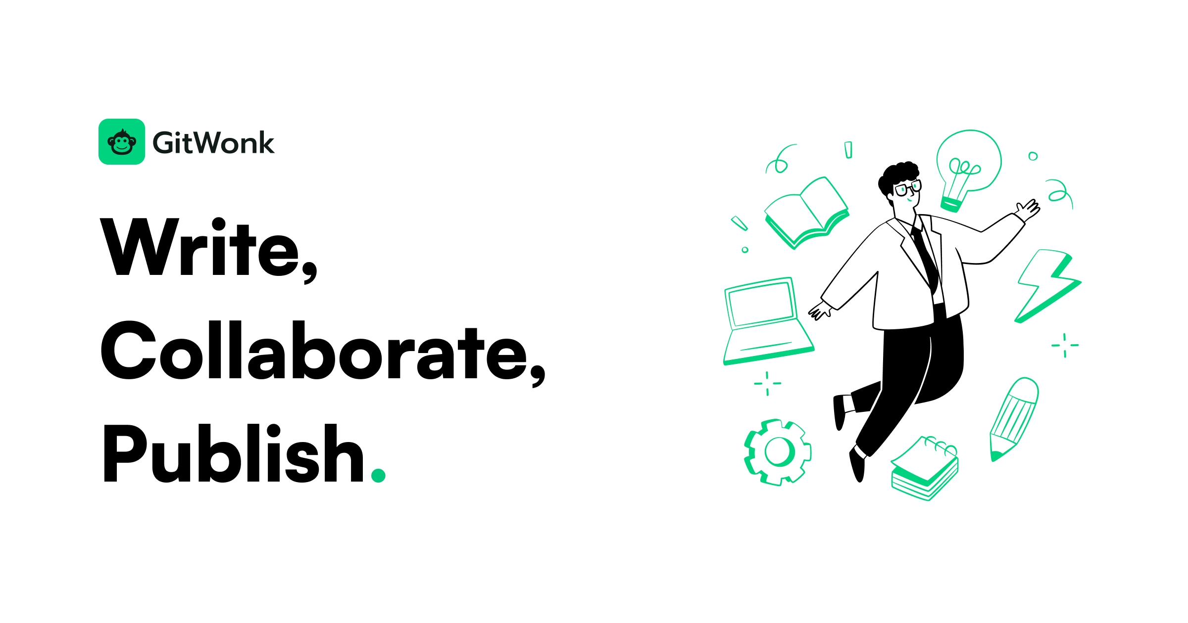 GitWonk 开源技术文档工具官网首页主视觉,标题为 Write Collaborate Publish