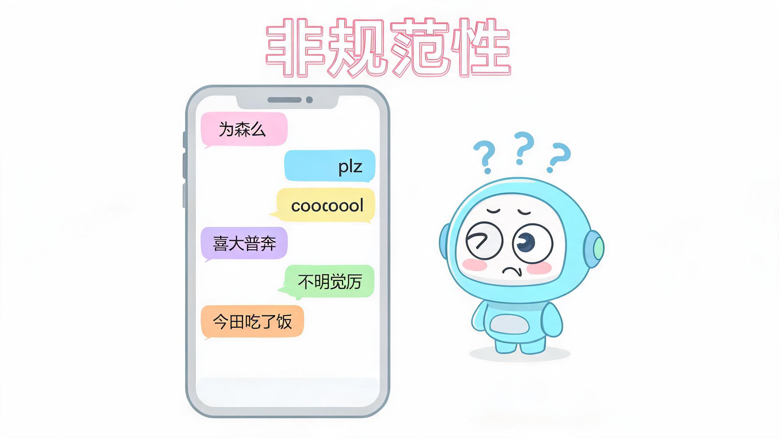 非规范性卡通图:手机聊天框里飞出“为森么”“plz”“cooooool”“喜大普奔”“不明觉厉”,小机器人满头问号