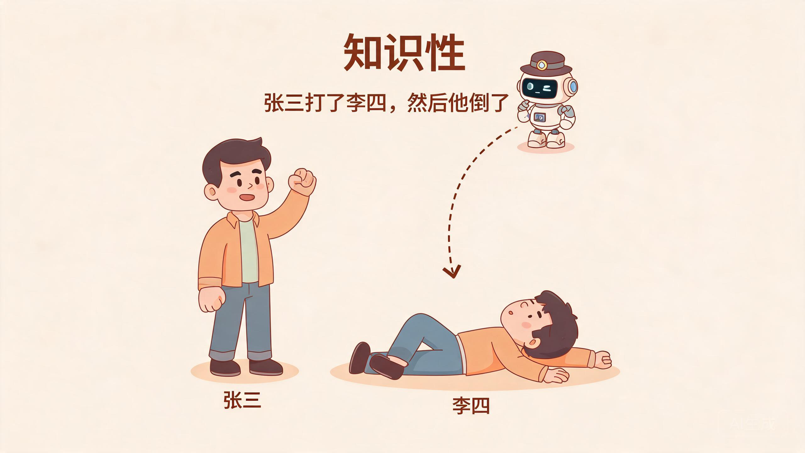 知识性卡通图:侦探机器人在“张三打了李四,然后他倒了”中推理出“他”指李四