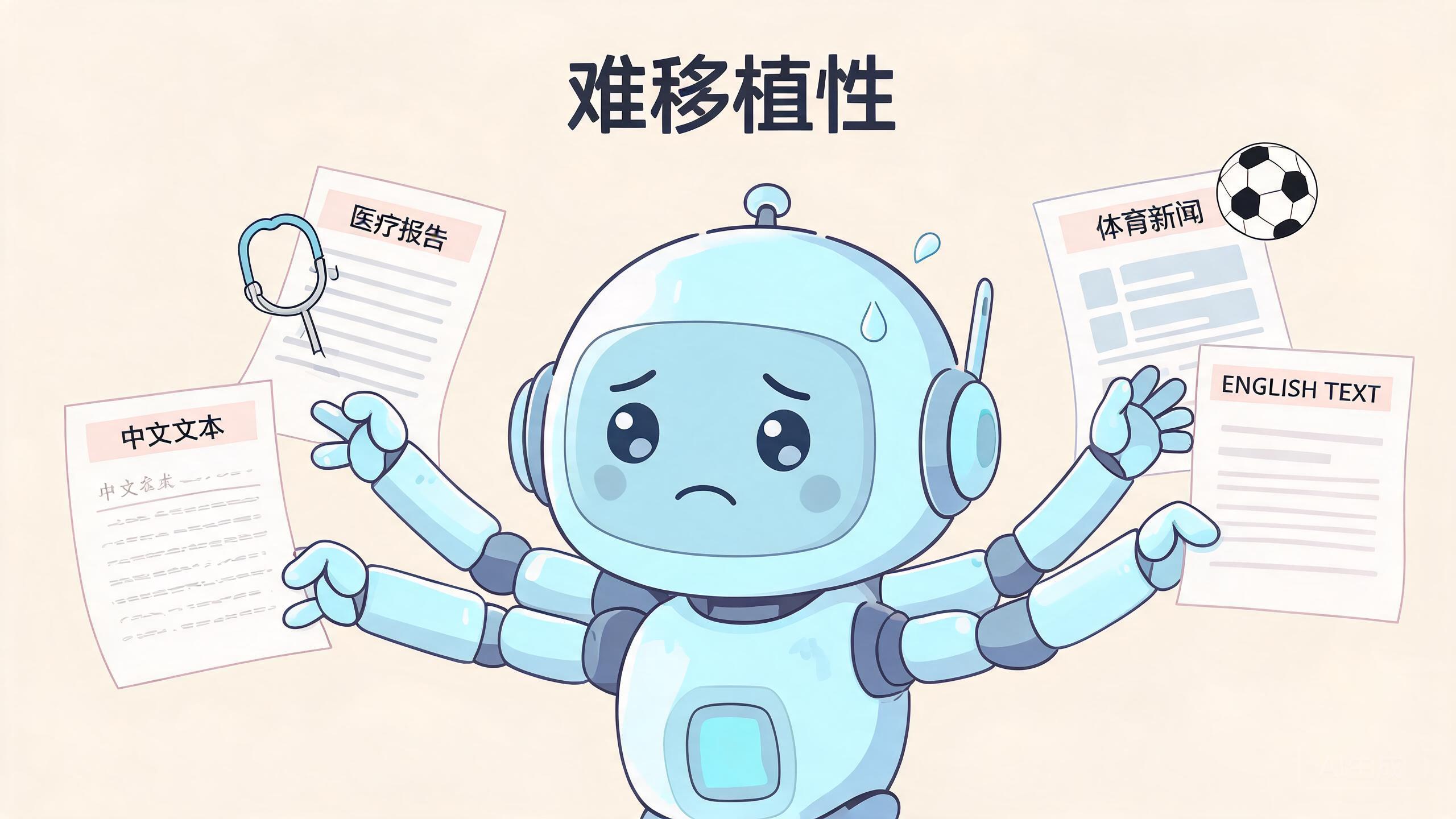 难移植性卡通图:一个机器人手忙脚乱面对医学报告、体育新闻、中文和英文文本