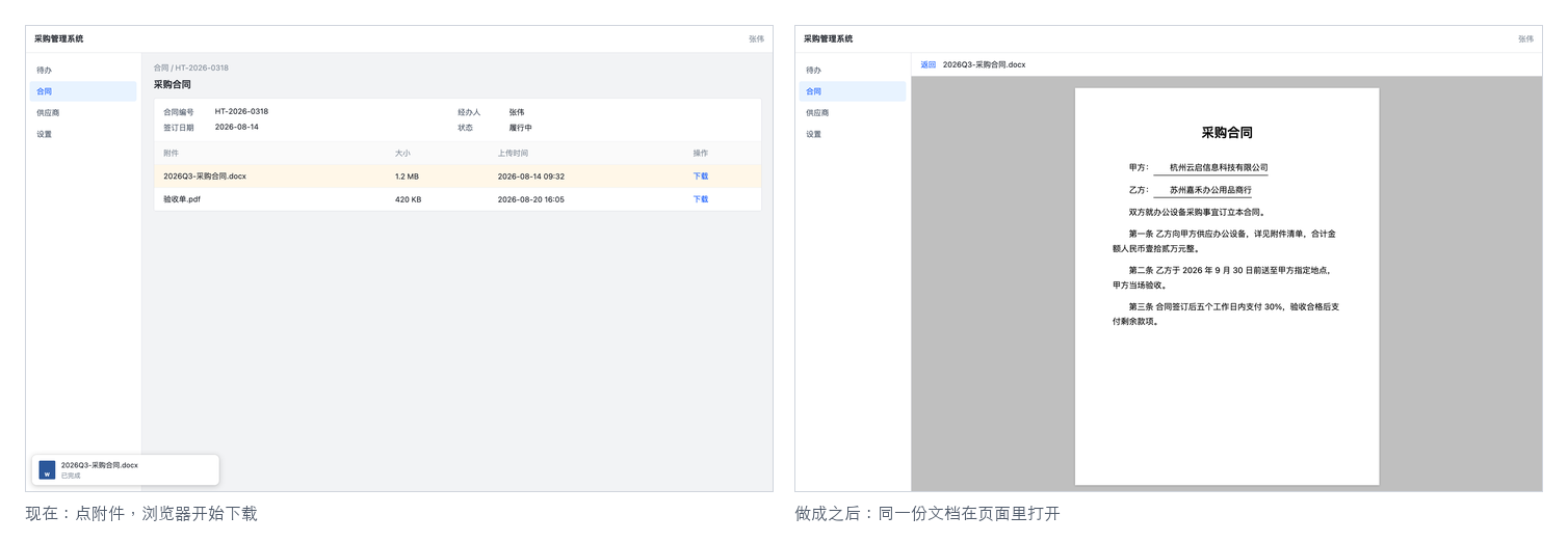 业务系统打开文档:左侧点附件会下载,右侧在页面里预览