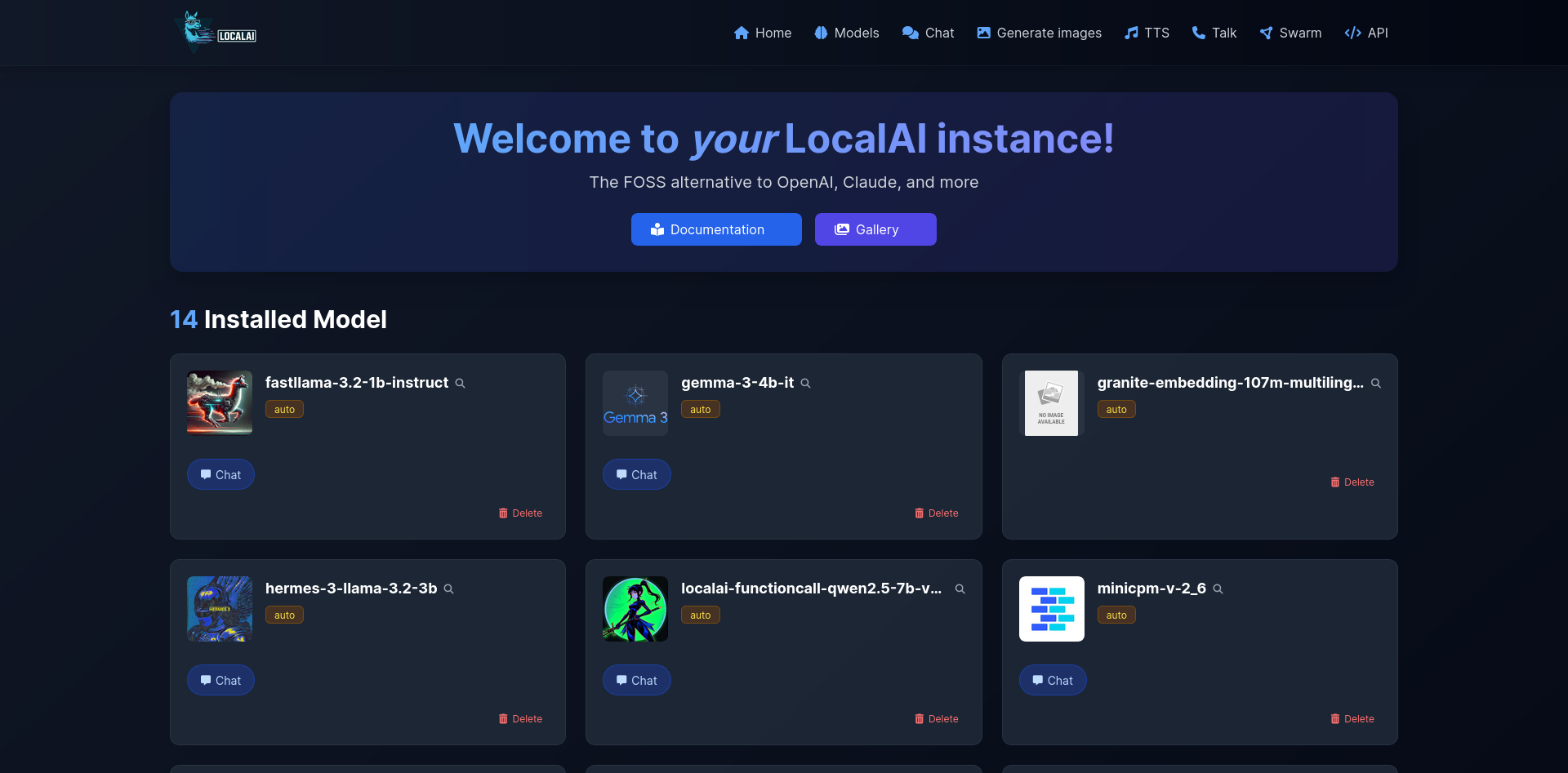 LocalAI 本地部署 Web 界面欢迎页与已安装模型列表