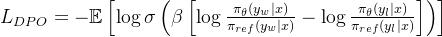 L_{DPO} = -\\mathbb{E}\\left[\\log \\sigma\\left(\\beta\\left[\\log \\frac{\\pi_\\theta(y_w|x)}{\\pi_{ref}(y_w|x)} - \\log \\frac{\\pi_\\theta(y_l|x)}{\\pi_{ref}(y_l|x)}\\right]\\right)\\right]