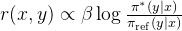 r(x,y) \\propto \\beta\\log\\frac{\\pi^{*}(y|x)}{\\pi_{\\mathrm{ref}}(y|x)}