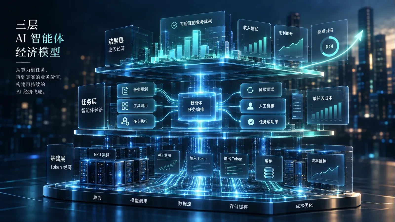 AI Agent 三层经济模型：底层 Token/Compute Economics、中层 Task/Agent Economics、上层 Outcome/Business Economics