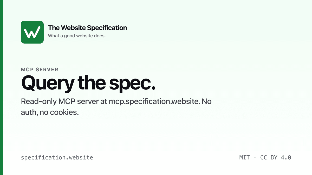 specification.website 的 MCP Worker 部署示意图:独立 Cloudflare Worker 提供只读规范查询服务,无认证、无 Cookie