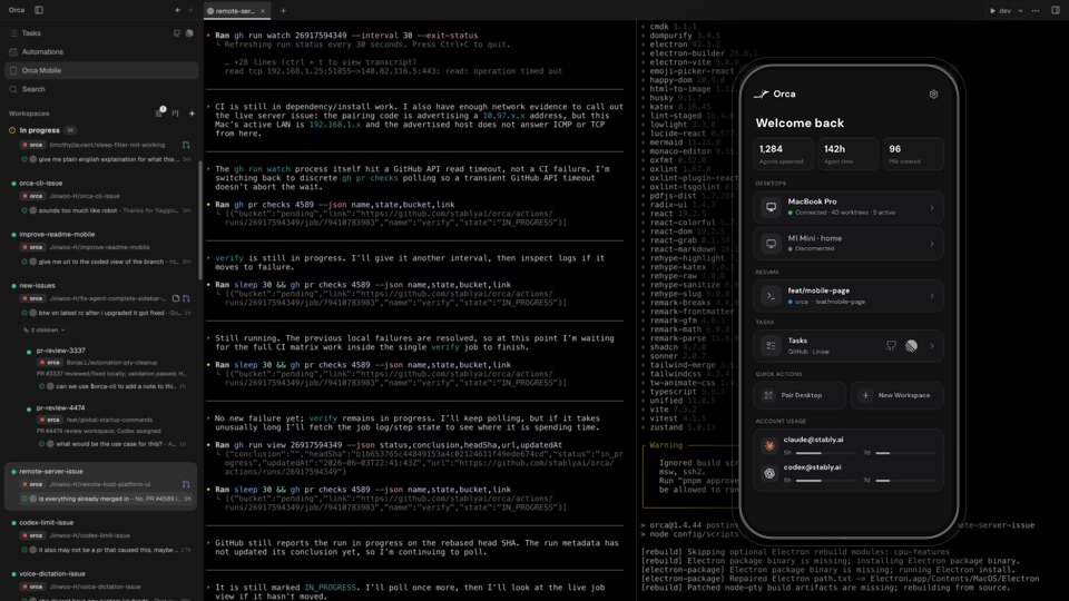 Orca 服务器运行多个并行 AI Agent,手机端伴侣 App 远程接收完成通知