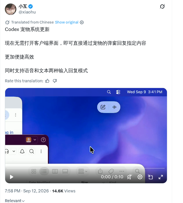 Codex 宠物改版:弹窗直接回复,支持语音与文本