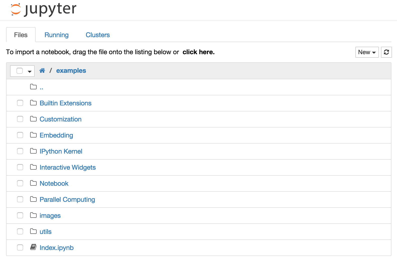 Jupyter Notebook 的 Dashboard 文件列表界面，展示 New 按钮、文件夹与 .ipynb 文件列表