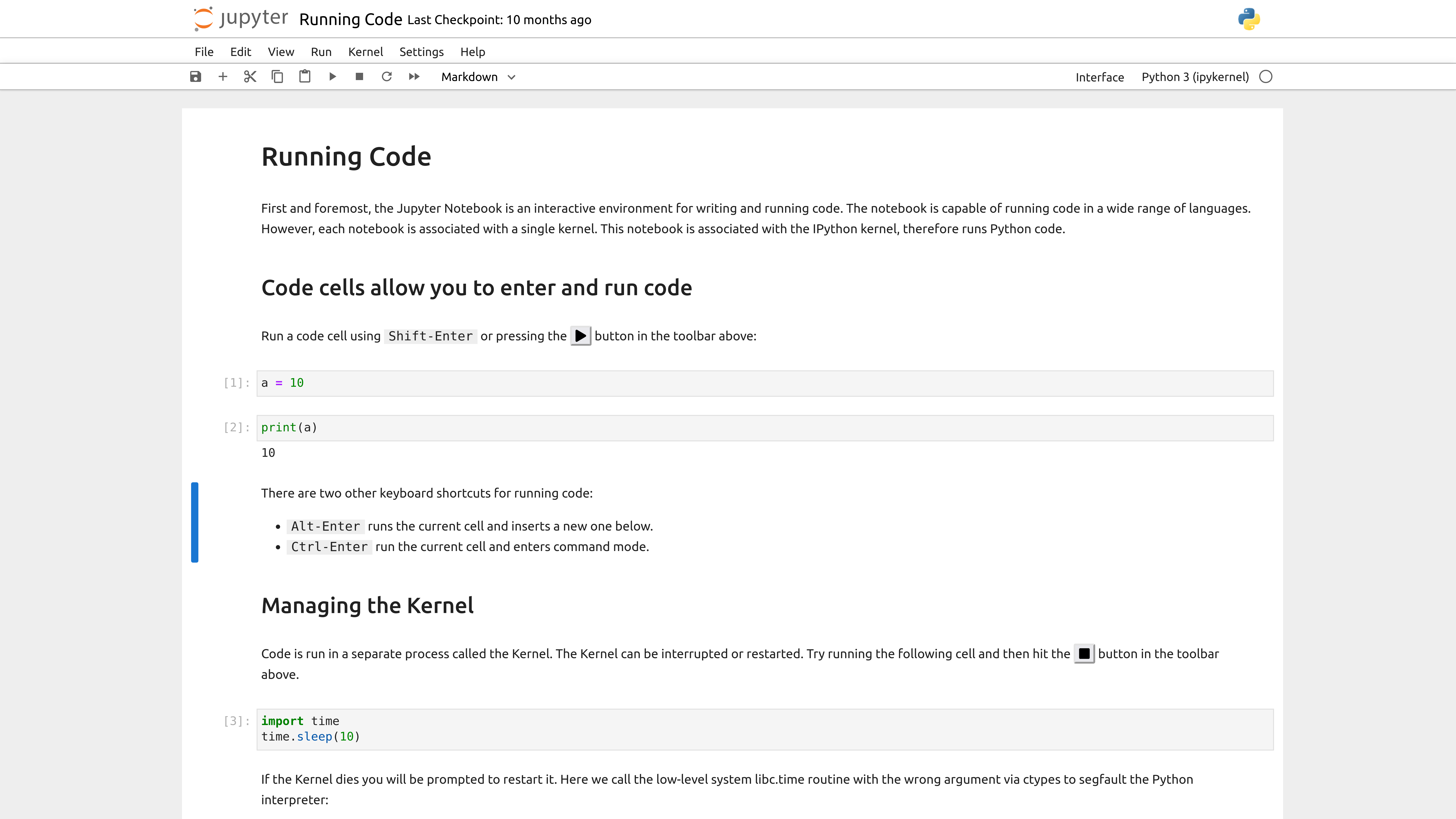 在 Jupyter Notebook 中运行代码单元格并显示输出的界面：上方为代码 a = 10、print(a)，下方为输出 10