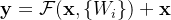 \\mathbf{y} = \\mathcal{F}(\\mathbf{x}, \\{W_i\\}) + \\mathbf{x}