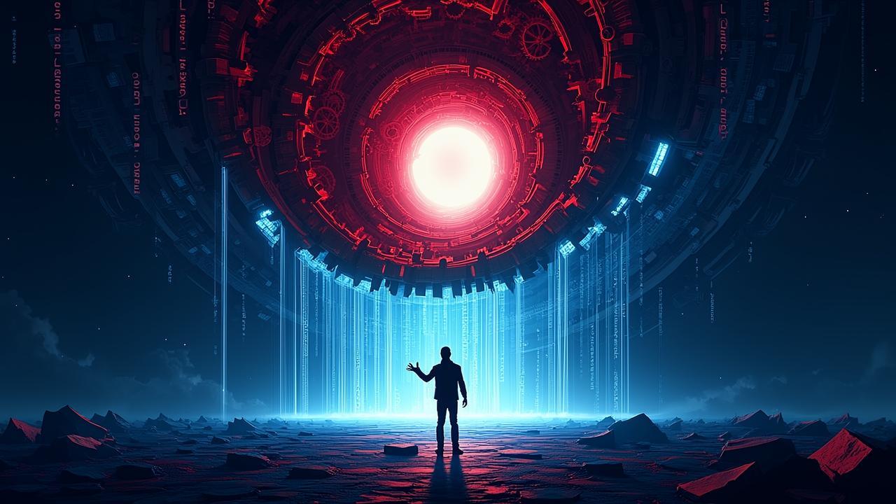 An abstract visualization of a lone figure standin